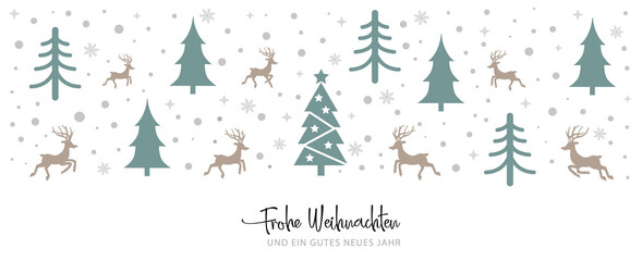Weihnachtsgrüße - Winterwald mit Rentieren und Weihnachtsbaum - deutscher Text © Trueffelpix