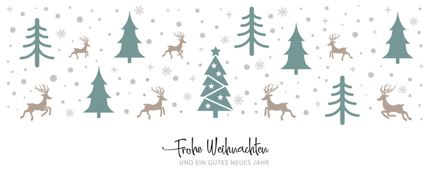 Weihnachtsgrüße - Winterwald mit Rentieren und Weihnachtsbaum - deutscher Text