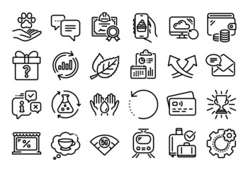 Fototapeta premium Vector set of Dots message, Safe water and Pets care line icons set. Calendar report, Money wallet and Credit card tag. Update data, Intersection arrows and Coffee cup icons. Vector