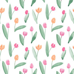 Simple tulips pattern, abstract watercolor free-hand illustration for postcard, invitation, banner