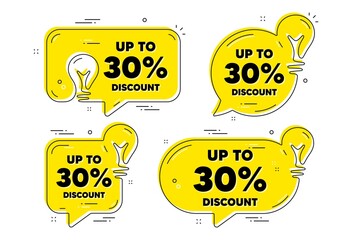 Up to 30 percent Discount. Idea yellow chat bubbles. Sale offer price sign. Special offer symbol. Save 30 percentages. Discount tag chat message banners. Idea lightbulb balloons. Vector