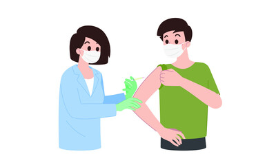 Fototapeta na wymiar The doctor give injection to a patient. Coronavirus vaccination, medical doctor wear surgery mask process of immunization against covid-19. Vector medical protection concept.