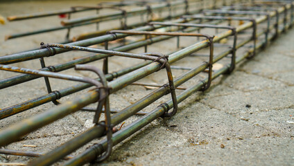 the rusty rebar steel for the concrete foundation structure. the reinforcement materials in the...