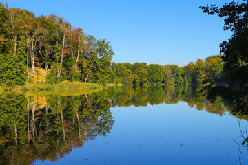 Fototapeta na wymiar View at Huwenow lake in meseberg in autumn, federal state Brandenburg - Germany