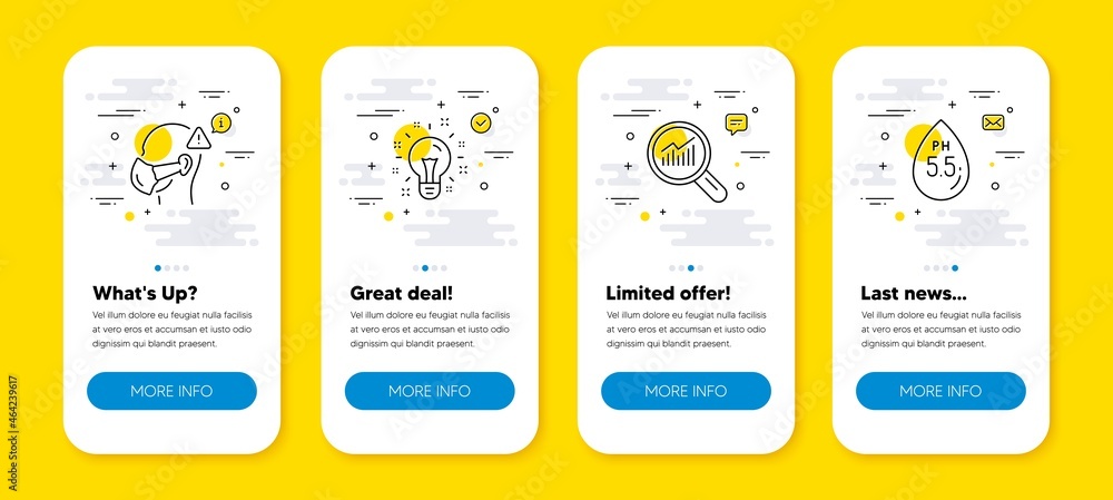 Poster vector set of medical mask, data analysis and idea line icons set. ui phone app screens with line ic