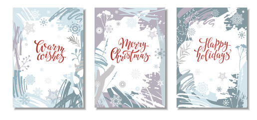 Set of blue Christmas backgrounds with festive lettering inscriptions. Card or invitation templates.