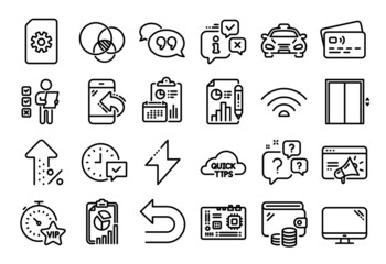 Vector set of Report document, Seo marketing and Incoming call line icons set. Calendar report, Money wallet and Credit card tag. Motherboard, Question bubbles and Euler diagram icons. Vector