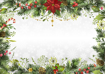 Obraz na płótnie Canvas Christmas holidays background with branches, poinsettia flower, holly berry and space for text. Postcard. Christmas frame.