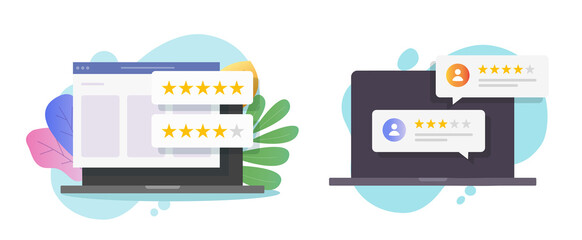 Customer feedback online testimonials on website and internet digital reputation quality review on laptop screen bubble speech messages vector, concept of user satisfaction rating or client survey