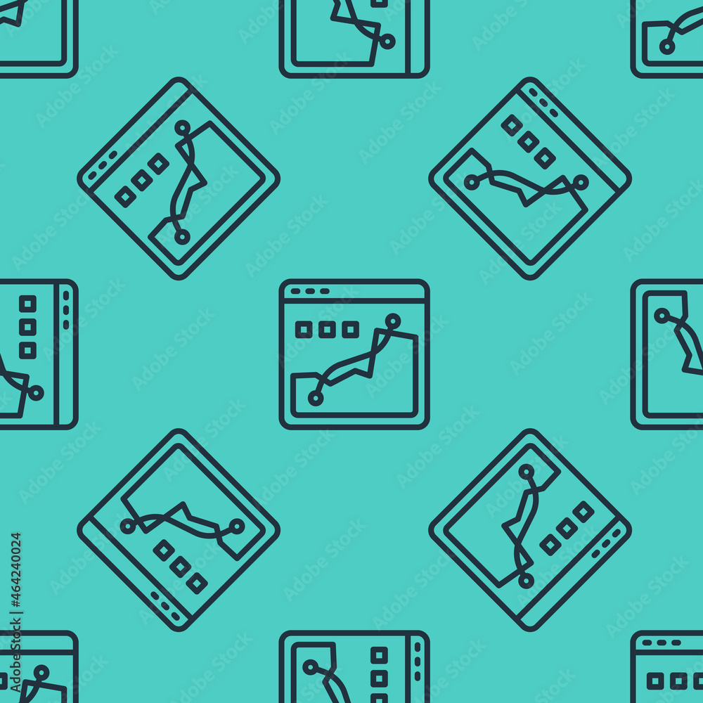 Poster black line histogram graph photography icon isolated seamless pattern on green background. vector