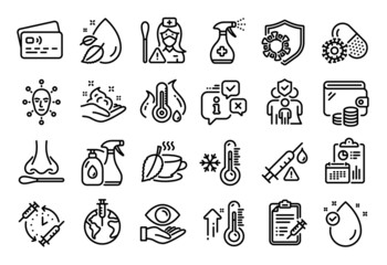 Vector set of Vaccination schedule, Low thermometer and Water drop line icons set. Calendar report, Money wallet and Credit card tag. High thermometer, Nasal test and Health eye icons. Vector