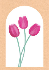 Spring tulips bouquet arc, abstract watercolor free-hand illustration for postcard, invitation, banner