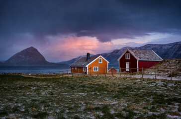 Cabins overlooking Sukkertoppen from Godøy, Norway