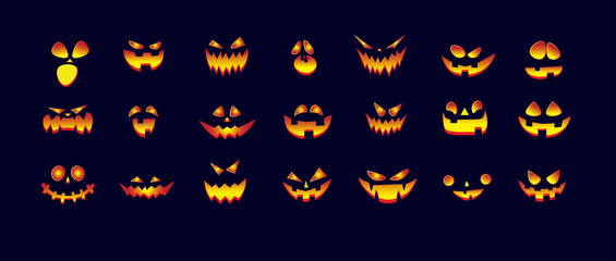 Scary Halloween, pumpkin faces icons, pumpkin cut set