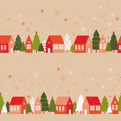 Seamless pattern with cute houses in snowy forest. Simple scandinavian style background with christmass mood for web, print, background, wallpaper, scrapbooking, wrapping paper, textile 