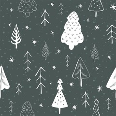 Seamless pattern with trees and snowflakes. Winter and christmas mood, scandinavian minimalism, hand drawn doodle style for web, print, textile, background, wrapping paper, wallpaper. 