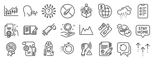 Fototapeta na wymiar Set of Science icons, such as Rainy weather, Checklist, Augmented reality icons. Stay home, World money, Recovery data signs. Copywriting, Certificate, Electronic thermometer. Feedback. Vector