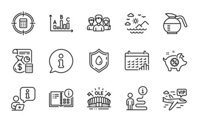 Business icons set. Included icon as Instruction info, Survey results, Piggy sale signs. Calculator target, Accounting, Blood donation symbols. Sports arena, Sea mountains, Calendar graph. Vector