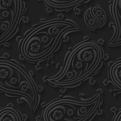 Black paisley floral 3d background. Seamless pattern for textiles, packaging, tiles, greeting card decoration. Vector illustration