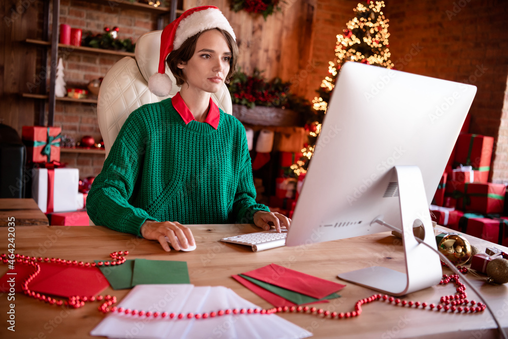 Poster photo of busy hardworking lady sit table work computer wear hat green knitted sweater in decorated h