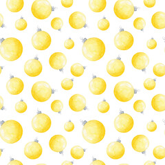 New Year, Christmas toys seamless pattern. Yellow balls repeat print on white background. Cute winter design for wallpaper, wrapping paper, fabric, textile and decoration.