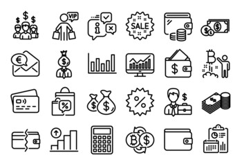 Vector set of Businessman case, Dollar money and Bitcoin project line icons set. Calendar report, Money wallet and Credit card tag. Manager, Coins bags and Sale icons. Vector