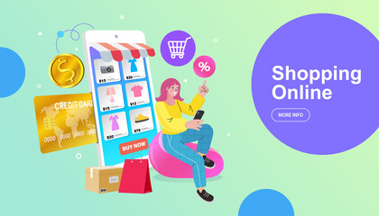 Online shopping landing page website illustration. Digital service marketplace. Mobile marketing e-marketing e-commerce app store. Flat design style modern vector.