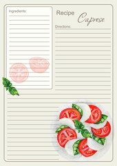 Recipe illustration. Blank recipe caprese salad. Italian cuisine