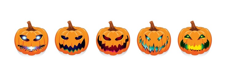 Set pumpkin on white background. The main symbol of the Happy Halloween holiday. Orange pumpkin emoji design for the holiday Halloween. Vector illustration 