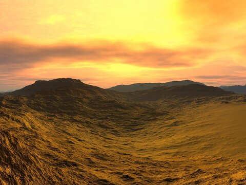 Amazing 3d illustration of the sunset in the desert