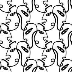 Abstract faces seamless pattern. Modern minimal art. Continuous line drawing.