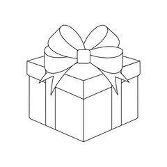 gift icon, box tied with ribbon with bow, black outline isolated on white background, vector illustration