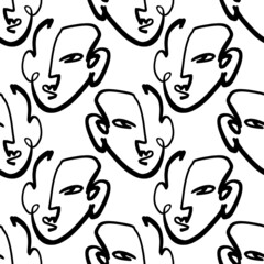 Abstract faces seamless pattern. Modern minimal art. Continuous line drawing.