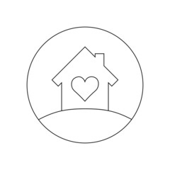 house icon with a heart inside in a round frame, black outline isolated on a white background, vector illustration