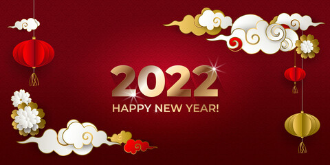 Naklejka premium Happy Chinese New Year 2022. Greeting card with gold and white clouds, lanterns, flowers on red background. Asian patterns. For holiday invitations, poster, banner. Paper style. Vector illustration.