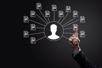 Document Management System DMS .Businessman hold user and document icon.Software for archiving,...
