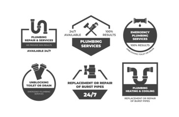 Monochrome plumbing repair service icon set vector illustration. Renovation, improvement emergency