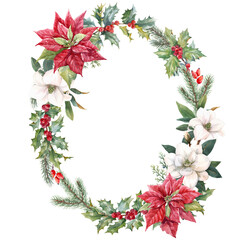 Beautiful floral christmas frame with hand drawn watercolor winter flowers such as red poinsettia and holly branch. Stock 2022 winter illustration.
