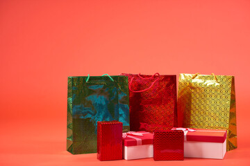 christmas gifts on orange background