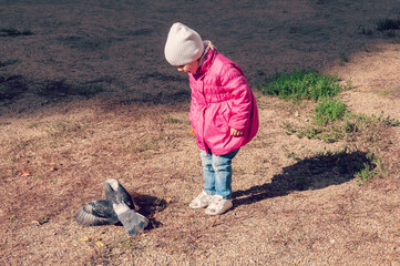 Child scaring a pigeon on the playground