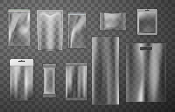 Transparent packaging set realistic vector illustration empty plastic package for food goods storage