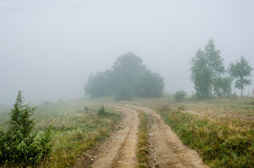 dramatic landscape. morning in the mountains. fog in the background. landscape of early autumn. road to the mountains