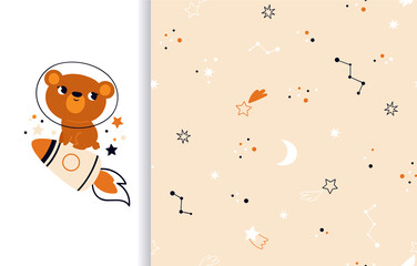 Cute cosmonaut bear is flying on a rocket. A set with a seamless pattern with stars