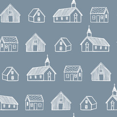 Iceland house pattern repeat in white with blue grey background. Cute hand drawn line art print design. Vector illustration. Great for kids and fun home decor projects. Surface pattern design.