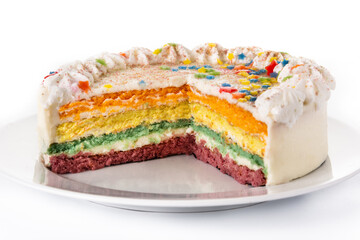 Rainbow layer cake isolated on white background