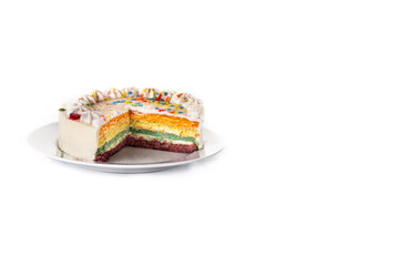 Rainbow layer cake isolated on white background. Copy space