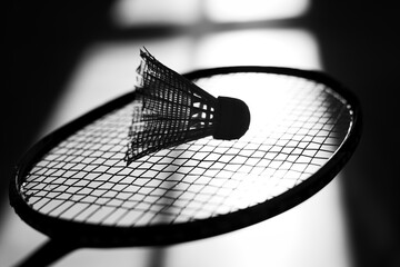 Silhouette of badminton racket and shuttlecock against the background of the shadow from the...