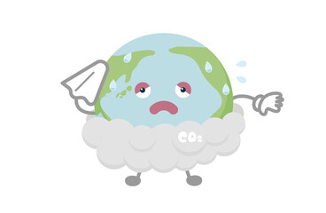 温室効果ガスに包まれる地球のキャラクターのベクター イラスト（汗をかく）