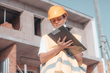 Muchacha joven obrera trabajando de arquitecta en la obra de construcción revisando los planos e...