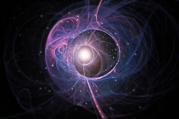 A science fiction concept of an quantum like design. With a glowing centre and stars floating on a black background. © Dave
